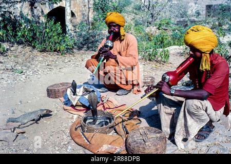 Snake Charmers bei Amber Fort in Jaipur, Rajasthan, Indien, Asien Stockfoto