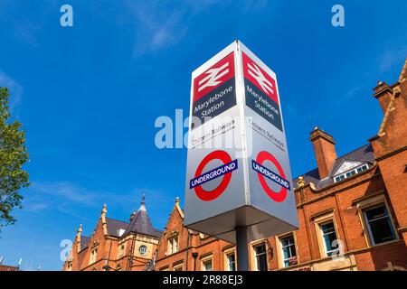 Schild vor Marylebone Station, London, England, UK Stockfoto