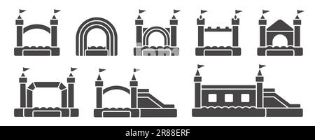 Aufblasbare Hüpfschilder der Burg. Trampolin-Vektorpiktogramme für das Springspiel isoliert auf weißem Hintergrund. Darstellung der schwarzen Glyphe Stock Vektor