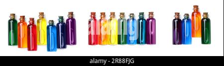 Collage aus Glasflaschen mit unterschiedlichen Lebensmittelfarben, isoliert auf weiß, Draufsicht Stockfoto
