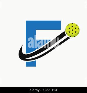 Buchstabe F Pickleball Logo Konzept mit beweglichem Pickle Ball Symbol. „Pickle Ball“-Logo Stock Vektor