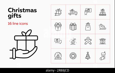 Weihnachtsgeschenke – Symbolset. Geschenkbox, Truck Stock Vektor