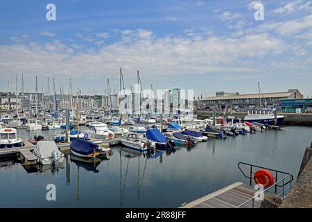 Plymouth Sutton Hafen, inneres Becken, Yachten in einem sicheren Hafen. Von North Quay aus Richtung Südwesten. Stockfoto