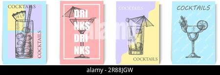 Sammlung von Cocktails im Cartoon-Stil, handgemalt auf tropischem Hintergrund. Stock Vektor