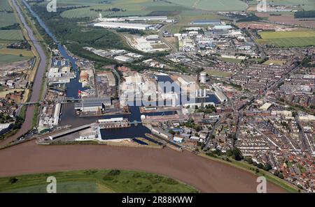 Blick aus der Vogelperspektive auf Goole, eine Hafenstadt am Fluss Ouse in East Yorkshire Stockfoto