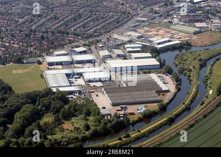 Luftaufnahme der Industrie auf der Wheatley Hall Road, Doncaster, South Yorkshire. Einschließlich Industriegebiet St. Modwens Park Stockfoto