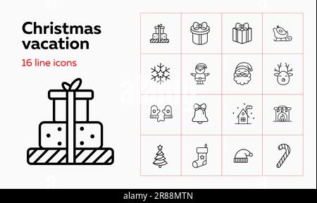 Symbolsatz für Weihnachtsferien. Nach Hause, Fäustlinge, Weihnachtsmann. Festungskonzept. Kann für Themen wie Weihnachtsabend, Heimparty, Geschenke verwendet werden Stock Vektor