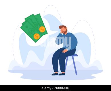 Unglücklicher, trauriger, armer Mann, der über Geldprobleme und Kredite nachdenkt Stock Vektor