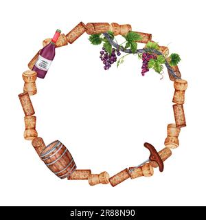 Kranz mit rundem Rahmen mit Weinkorken, Trauben, Fass und Flasche Rotwein. Aquarelle Illustration perfekt für Einladungen und Kartendesign Stockfoto