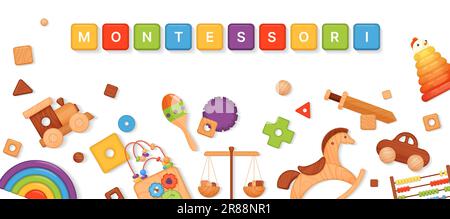 Montessori-Banner-Design-Vorlage, Montessori-Text auf Regenbogenwürfeln und Logikspielzeug aus Holz für Vorschulkinder, Vektorbilder. 3D isolierte pädagogische Materialien und Briefe für Kleinkinder Stock Vektor