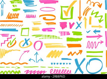 Markiere Vektormarken, wobei verschiedene Linien und Symbole hervorgehoben werden. Permanente Markierung für Textauswahl, isolierte Kritzelstriche neoterischer Vektorsatz Stock Vektor