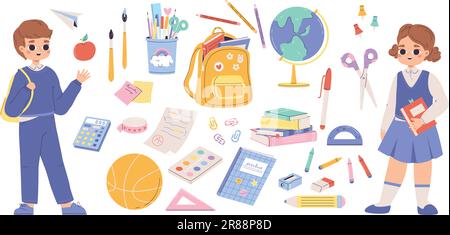 Studiensammlung, wieder in die Schule. Süßes Zeichentrickkind, Schreibwaren und Rucksack. Isolierte Pinsel, Bleistifte und Stift. Erziehungsvektor Stock Vektor