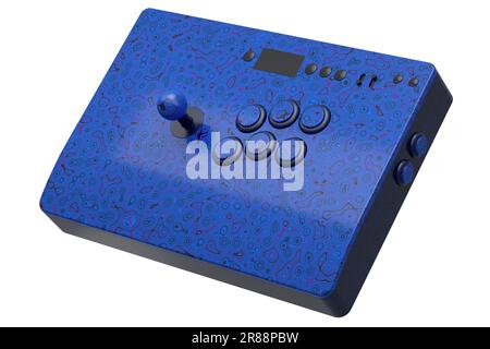 Klassischer Arcade-Stick mit Joystick und Tasten in Turnierqualität mit nahtlosem Wellenmuster auf weißem Hintergrund. 3D-Rendering von Spielautomaten, Streaming Stockfoto
