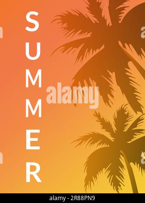 Im Sommer flache Panoramalandschaft, Sonnenuntergang mit Palmen auf farbenfrohem Hintergrund. Vektordarstellung. Stock Vektor