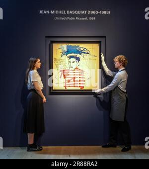 London, Großbritannien. 20. Juni 2023. Jean Michelle Basquiat (unbenannt) Pablo Picasso Est £ 4.500.000-6.500.000, mit einer überzeugenden Erzählung über die Dynamik des Porträts über die Jahrhunderte hinweg, die intime und aufschlussreiche Werke zusammenbringt, die eine Übersicht über Porträts von 1855 bis 2021 darstellen. Geschehen am 28. Juni 2023. Kredit: Paul Quezada-Neiman/Alamy Live News Stockfoto