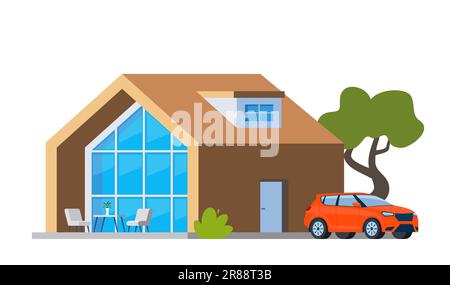 Wunderschönes modernes Haus mit Auto. Außenansicht der Luxusvilla, Landhaus, Familienhaus, Immobilien und SUV-Auto. Smart-House-Konzept. Vektor-Illustration Stock Vektor