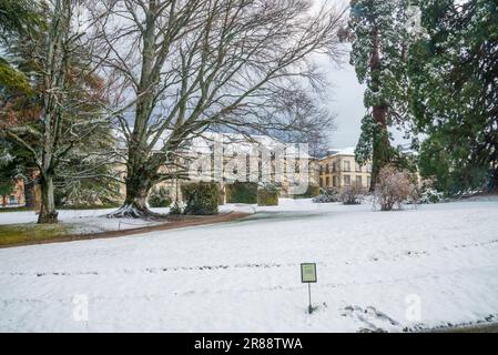 Schneebedeckte Gärten. La Granja de San Ildefonso, Provinz Segovia, Castilla Leon, Spanien. Stockfoto