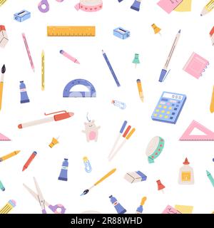 Cartoon Schulwerkzeuge und Schreibwaren nahtloses Muster. Taschenrechner, Stift und Stift. Farbpinsel, Lineale und Radierer. Ich lerne Vektordruck Stock Vektor