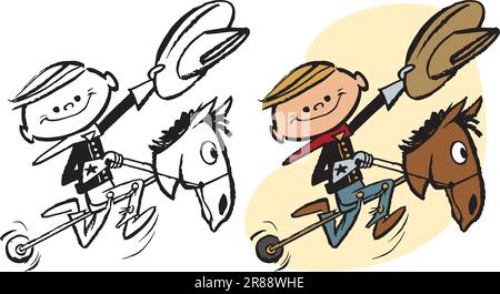 Ein klassischer Retro-Cartoon von einem Jungen, der auf einem Hobbypferd Cowboy spielt. Stock Vektor