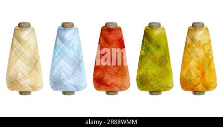 Handgezogener Aquarellfaden Spulenkleie für Hobby, handgefertigter Stoff. Natürlicher Pflanzenfarbstoff. Abbildung: Isoliertes Objekt auf weißem Hintergrund Stockfoto