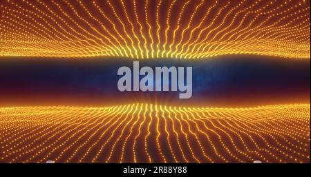 Abstrahieren gelber orangefarbener goldener Energiewellen von Partikeln über und unter dem Bildschirm magischer, leuchtender futuristischer Hightech-Hintergrund. Stockfoto