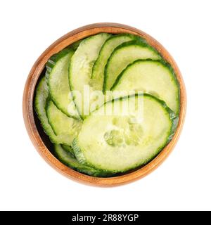 Gurkenscheiben in einer Holzschüssel. Frische Salatgurke mit grüner Haut, diagonal geschnittene, unreife Frucht von Cucumis sativus, einem Gemüse. Stockfoto