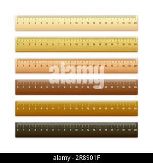 Realistische verschiedene Holzlineale mit Messskala und Teilungen messen Markierungen. Schullineal, Zentimeter- und Zoll-Skala für Längenmessungen Stock Vektor