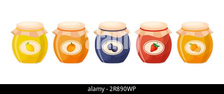 Ein Set Obstkonfitüren in einem Glasgefäß. Gelee oder Marmelade mit Früchten. Konfitüre mit Vektormarmelade in einem trendigen, flachen Stil. Stock Vektor