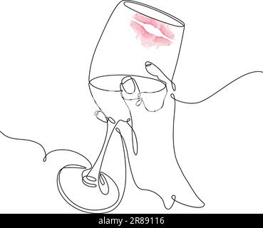 Abstraktes Bild einer weiblichen Hand mit einem Glas Wein und Lippen in einer durchgehenden Linie. Alles Gute Zum Weintag. Liniendesign für Banner, Poster, Aufkleber, Glückwunschkarten oder Einladungskarten, Web oder Label. EPS Stock Vektor