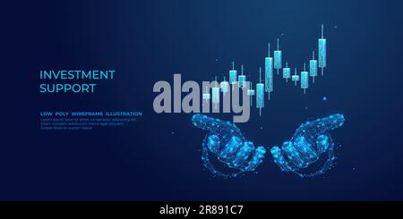 Grafikdiagramm mit digitalen Händen und 3D-mm-Kerzenhalter für den Aktienmarkt. Stock Vektor