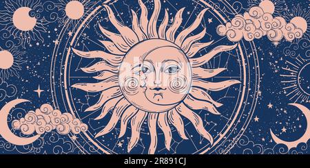 Tarotbanner, Schablone für Zodiac-Zeichen, Sonne und Mond mit Gesicht auf blauem Hintergrund mit Sternen, mystische handgezeichnete Vintage-Illustration. Vektor magische Heia Stock Vektor