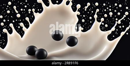 Seifenmilchtee mit Tapiokaskugeln, die vor schwarzem Hintergrund spritzen. Taiwanesischer Milchtee mit Boba- oder schwarzen Perlenblasen. Taiwanesischer Trinker. Orange La Stockfoto