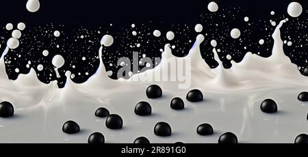 Seifenmilchtee mit Tapiokaskugeln, die vor schwarzem Hintergrund spritzen. Taiwanesischer Milchtee mit Boba- oder schwarzen Perlenblasen. Taiwanesischer Trinker. Orange La Stockfoto