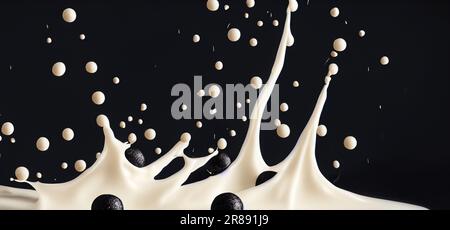 Seifenmilchtee mit Tapiokaskugeln, die vor schwarzem Hintergrund spritzen. Taiwanesischer Milchtee mit Boba- oder schwarzen Perlenblasen. Taiwanesischer Trinker. Orange La Stockfoto