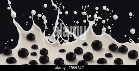 Seifenmilchtee mit Tapiokaskugeln, die vor schwarzem Hintergrund spritzen. Taiwanesischer Milchtee mit Boba- oder schwarzen Perlenblasen. Taiwanesischer Trinker. Orange La Stockfoto