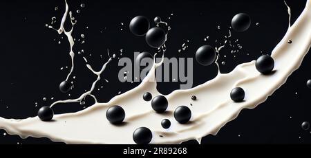 Seifenmilchtee mit Tapiokaskugeln, die vor schwarzem Hintergrund spritzen. Taiwanesischer Milchtee mit Boba- oder schwarzen Perlenblasen. Taiwanesischer Trinker. Orange La Stockfoto
