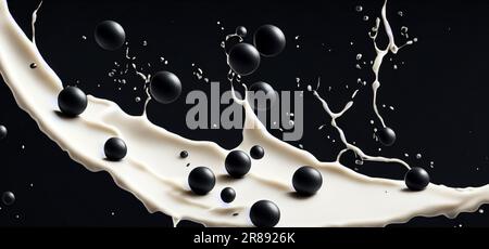 Seifenmilchtee mit Tapiokaskugeln, die vor schwarzem Hintergrund spritzen. Taiwanesischer Milchtee mit Boba- oder schwarzen Perlenblasen. Taiwanesischer Trinker. Orange La Stockfoto