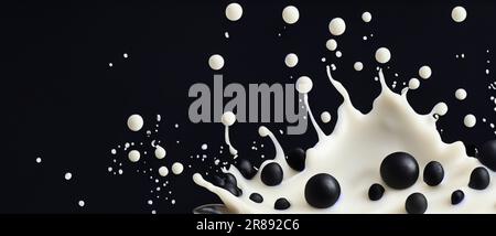 Seifenmilchtee mit Tapiokaskugeln, die vor schwarzem Hintergrund spritzen. Taiwanesischer Milchtee mit Boba- oder schwarzen Perlenblasen. Taiwanesischer Trinker. Orange La Stockfoto