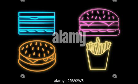 Set Line Sandwich, Popcorn in der Schüssel, Taco mit Tortilla und Burger und pommes frites in einer Kartonverpackung. Farbverlaufssymbole. Vektor. Stock Vektor