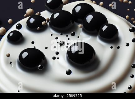 Seifenmilchtee mit Tapiokaskugeln, die vor schwarzem Hintergrund spritzen. Taiwanesischer Milchtee mit Boba- oder schwarzen Perlenblasen. Taiwanesischer Trinker. Orange La Stockfoto