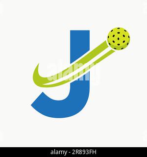 Buchstabe J Pickleball Logo Konzept mit beweglichem Pickle Ball Symbol. „Pickle Ball“-Logo Stock Vektor