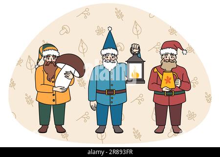 Lustige kleine Gartengnome, die Objekte halten. Set aus verschiedenen kleinen Märchenfiguren für die Dekoration von Häusern im Freien. Außendesign. Vektorgrafik. Stock Vektor
