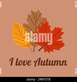 Beginn des Herbstes. Gemütliche Herbstpostkarte. Schriftzug Ich liebe Herbst. Warme Herbstsaison... Vektor-Illustration. Stock Vektor