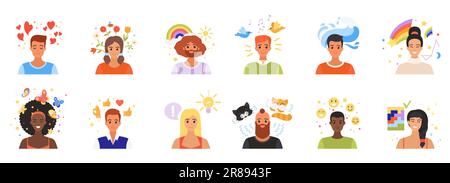 Menschen mit positivem Denken und Gefühlen bilden eine Vektordarstellung. Cartoon isolierte Mann und Frau mit unterschiedlichen Emotionen und Gedanken über Kopf, schnurrende Katze und Herzen, Regenbogen und kreative Ideen Stock Vektor