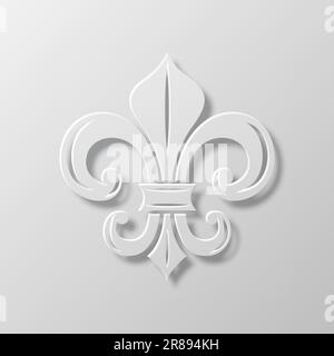 Vector Realistic Paper 3D Fleur De Lis Nahaufnahme auf weißem Hintergrund. Heraldisches Lily-Zeichen, Vektorbild Stock Vektor
