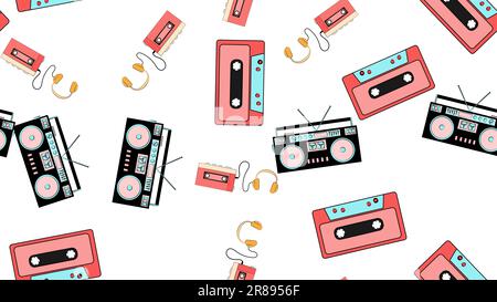 Textur, nahtloses Muster von Audiowder mit Kopfhörern, alte Retro-Hipster-Filmkassette und Musikkassettenrekorder. Poster. Vect Stock Vektor