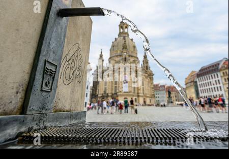 20. Juni 2023, Sachsen, Dresden: Wasser fließt aus einem Trinkbrunnen auf dem Neumarktplatz in der Altstadt vor der Frauenkirche. Foto: Robert Michael/dpa Stockfoto