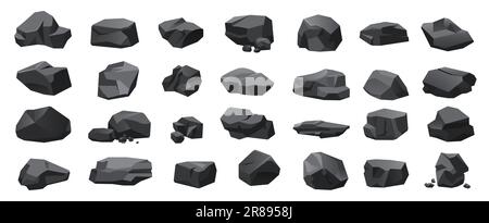 Schwarze Kohle-Set-Vektordarstellung. Cartoon isolierte Klumpen, Basaltgesteine und Anthrazit, Holzkohle und Nugget-Stücke von Eisenerz aus dem Bergbau, Kies oder Graphitbündel und Einzelsteinsammlung Stock Vektor