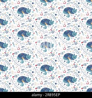 Süße schlafende Katze. Ein Muster mit einer dekorativen Pflanze aus Blättern und Beeren. Folkloristischer skandinavischer Stil. Nahtloses Muster. Vektor. Für Stoff, Kleidung Stock Vektor