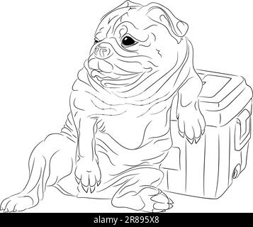 Linienkunst-Darstellung einer entspannenden Pug. Vektordarstellung eines Hundes, der sich auf einen tragbaren Kühlschrank lehnt Stock Vektor